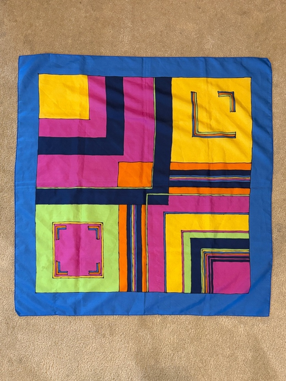 Vintage Geometric Square Silk Scarf Head Wrap in Blue, Pink, Yellow & Green